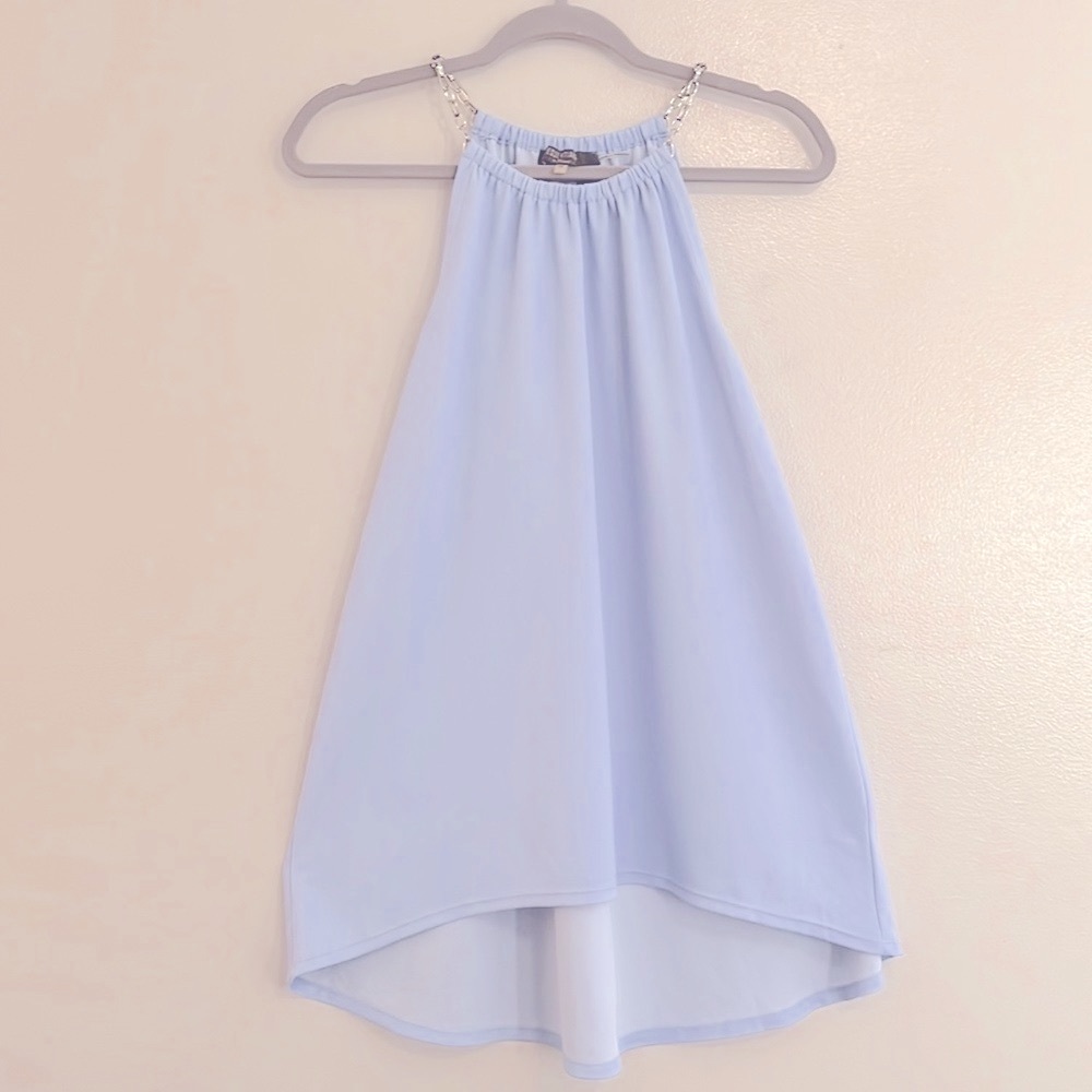 Essentials by Milano blue flowy top with chain link straps